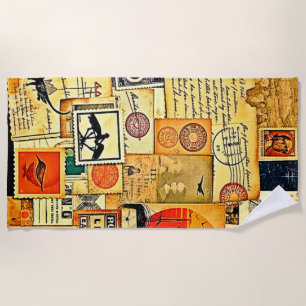 Vintage Travel Postcard Art Beach Towel
