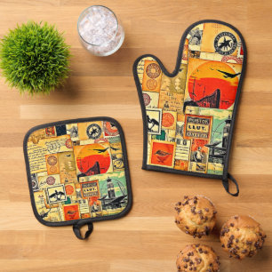 Vintage Travel Postcard Art Oven Mitt & Pot Holder Set