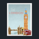 Vintage Travel Postcard | London<br><div class="desc">A perfect piece of art for for anyone that loves London. Featuring watercolor illustrations of London with retro styling typography. Add your custom wording to this design by using the "Edit this design template" boxes on the right hand side of the item, or click the blue "Customise it" button to...</div>