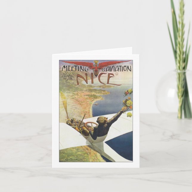 Vintage Travel Poster, Aeroplane over Nice France Card (Front)