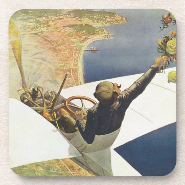 Vintage Travel Poster, Aeroplane over Nice France Coaster (Front)