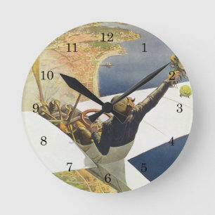 Vintage Travel Poster, Aeroplane over Nice France Round Clock