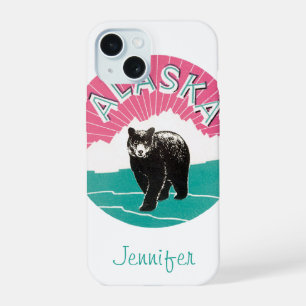Vintage Travel Poster, Alaska Black Bear in Snow iPhone 15 Case