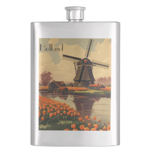 Vintage Travel Poster of Holland, tulips and mills Hip Flask