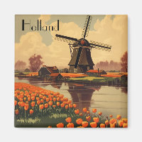 Vintage Travel Poster of Holland, tulips and mills
