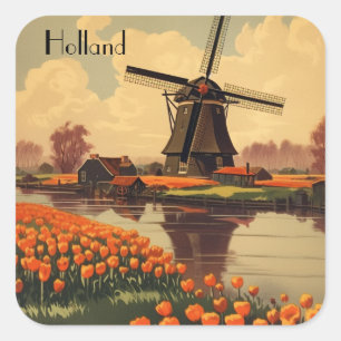 Vintage Travel Poster of Holland, tulips and mills Square Sticker