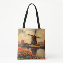 Vintage Travel Poster of Holland, tulips and mills