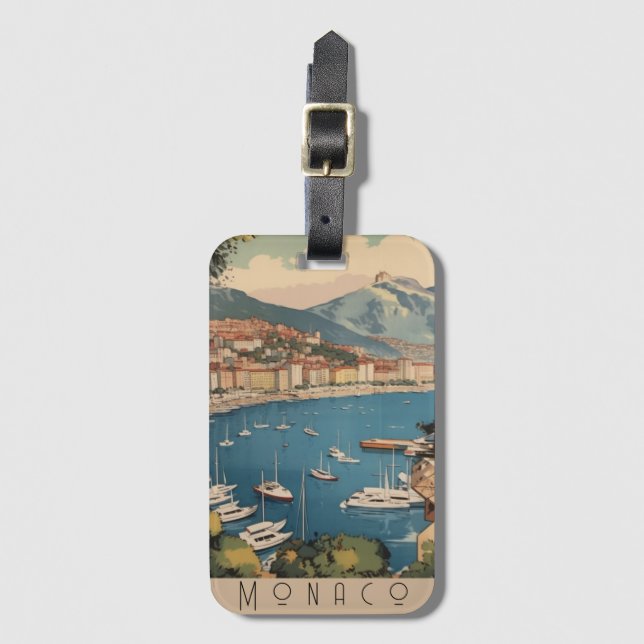 Vintage Travel Poster overlooking Monaco harbour Luggage Tag (Front Vertical)