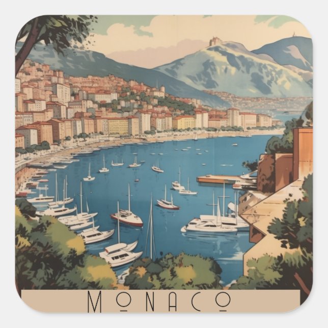 Vintage Travel Poster overlooking Monaco harbour Square Sticker (Front)