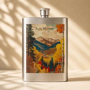 Vintage Travel Poster Rocky Mountain, customisable Hip Flask
