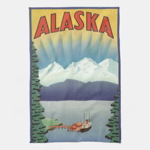 Vintage Travel Poster, Scenic Alaska Landscape Tea Towel
