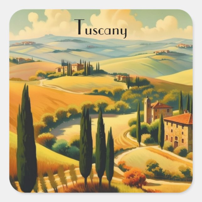 Vintage Travel Poster Tuscany, customisable Square Sticker (Front)