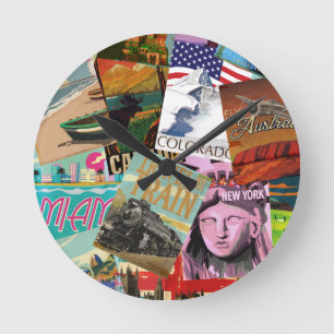 Vintage Travel Posters Round Clock