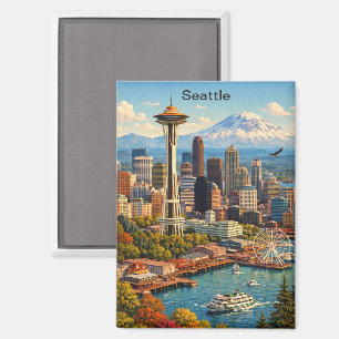 Vintage Travel Seattle Washington Skyline View Magnet