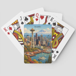 Vintage Travel Seattle Washington Skyline View Playing Cards