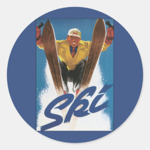 Vintage Travel, Sports Skier Skiing in Winter Snow Classic Round Sticker