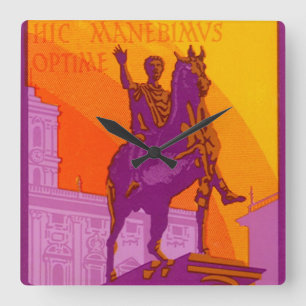 Vintage Travel, Statue Le Grand Hotel Roma, Italy Square Wall Clock