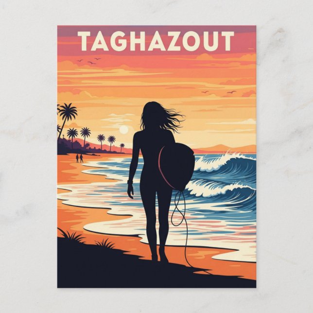 Vintage Travel Surfing in Taghazout Surfer Girl Postcard (Front)