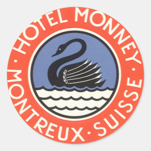 Vintage Travel, Swan Bird Hotel Monney Switzerland Classic Round Sticker