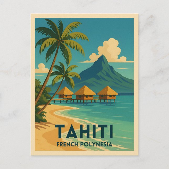 Vintage Travel Tahiti French Polynesia Beach Retro Postcard (Front)