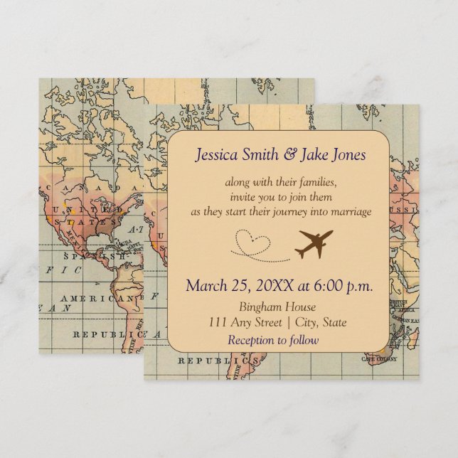 Vintage, Travel Themed Wedding Invite (Front/Back)