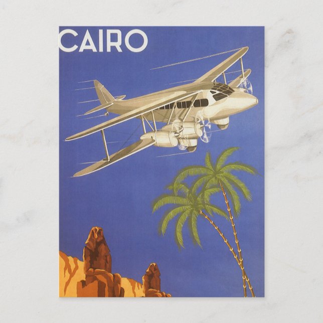 Vintage Travel to Cairo, Eygpt, Biplane Aeroplane Postcard (Front)