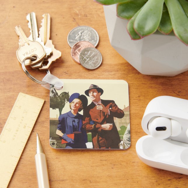 Vintage Travel, Tourists on Vacation Sightseeing Key Ring (Desk)