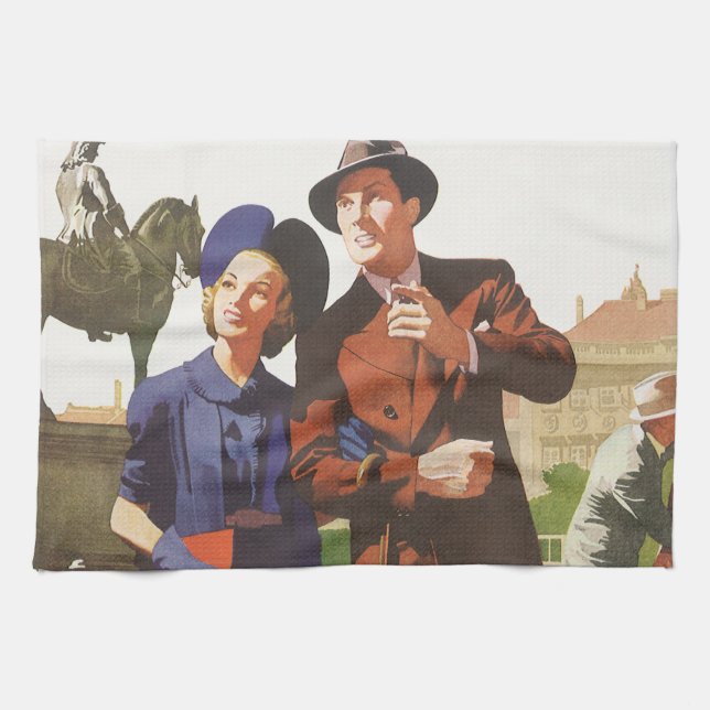 Vintage Travel, Tourists on Vacation Sightseeing Tea Towel (Horizontal)