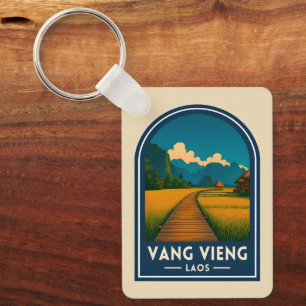 Vintage Travel Vang Vieng Laos Retro Scenic Key Ring