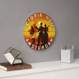 Vintage Travel, Victoria Hotel, Amsterdam, Holland Large Clock