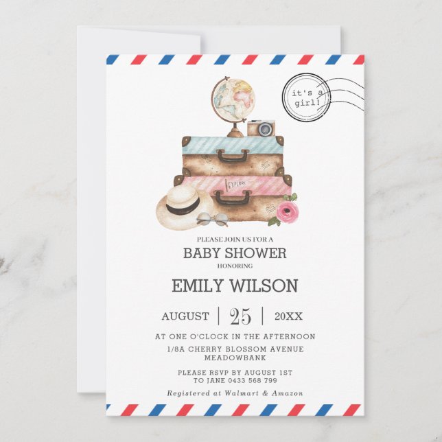 Vintage Travel Voyage Adventure Baby Shower Girl Invitation (Front)
