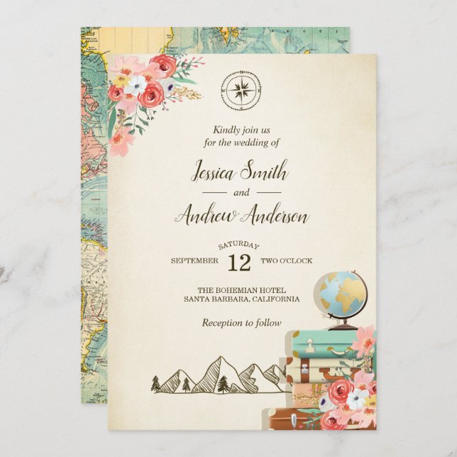 Vintage Travel Wedding Invitation Rustic map Boho (Front/Back)