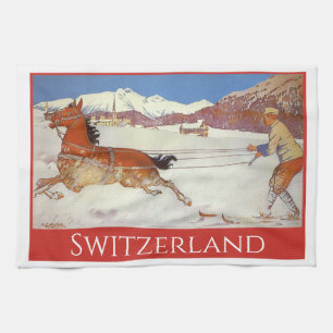 Vintage Travel, Winter in Engadin Switzerland Tea Towel