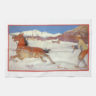 Vintage Travel, Winter in Engadin Switzerland Tea Towel