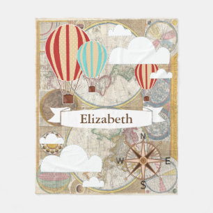 Vintage Traveller Hot Air Balloons World Map Name Fleece Blanket