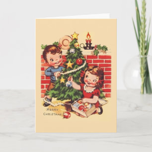 Vintage Tree Decorating Christmas Card
