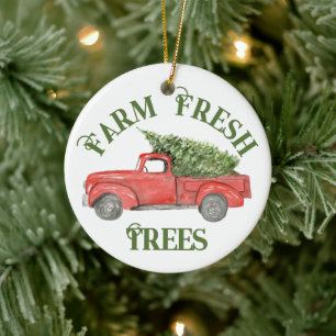 Vintage Tree Farm Red Christmas Truck  Ceramic Ornament