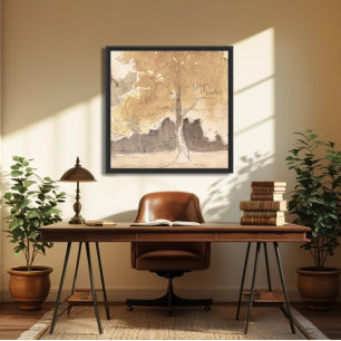 Vintage Tree Landscape Watercolor, Neutral Cottage Canvas Print