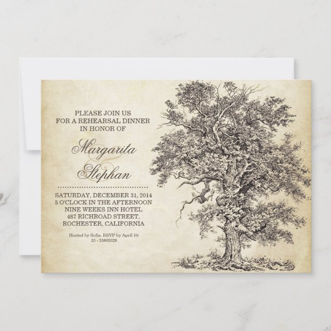 vintage tree old aged rehearsal dinner invitations (Front)