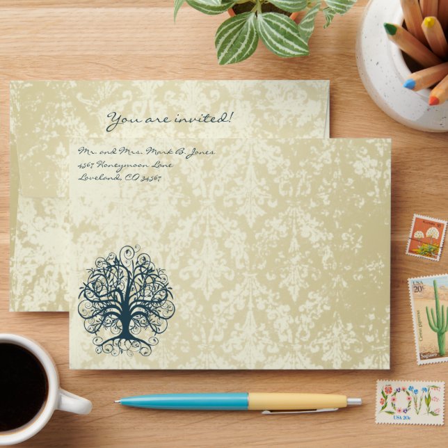 Vintage Tree Swirl Distressed Damask Envelopes (Desk)
