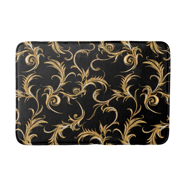 Vintage Trendy Golden Pattern Black Retro Bath Mat (Front)
