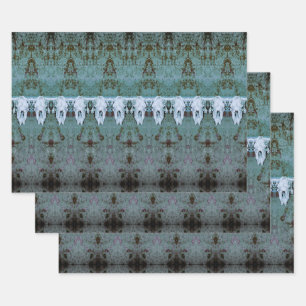 Vintage Tribal Pattern Teal White Bull Cow Skull Wrapping Paper Sheet