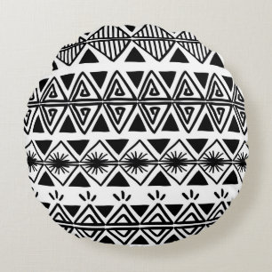 Vintage tribal pattern with black and white hand d round cushion