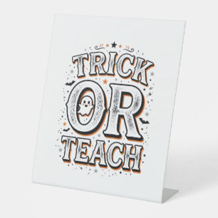 Vintage Trick Or Teach Halloween Teacher Shirt Des Pedestal Sign