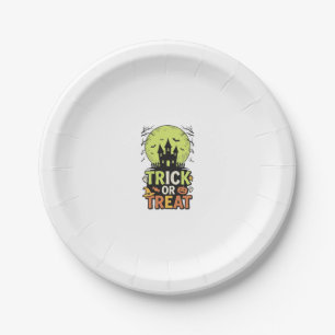 Vintage Trick or Treat Haunted House Halloween Des Paper Plate