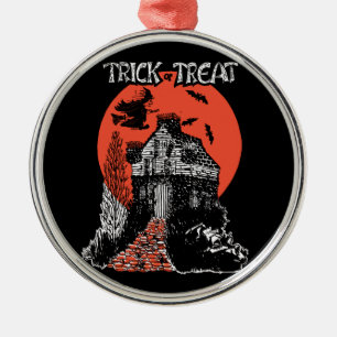 Vintage Trick or Treat Witch and Haunted House Metal Ornament