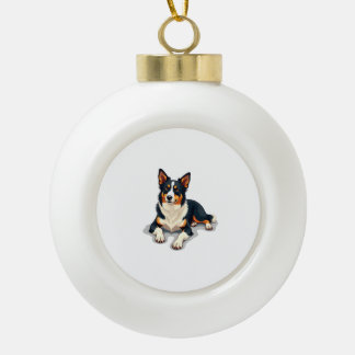Vintage Tricolor Border Collie Portrait Dog Illust Ceramic Ball Christmas Ornament