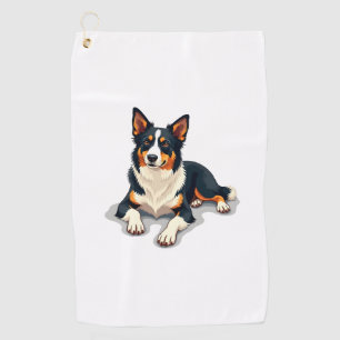 Vintage Tricolor Border Collie Portrait Dog Illust Golf Towel