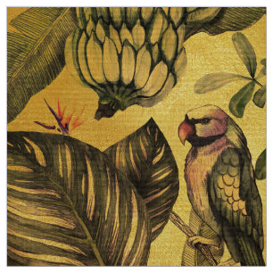 Vintage Tropical Banana Leaves and Parrots Fabric