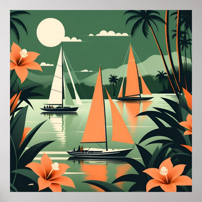 Vintage Tropical Beach and Sailboats Retro  Poster (Front)